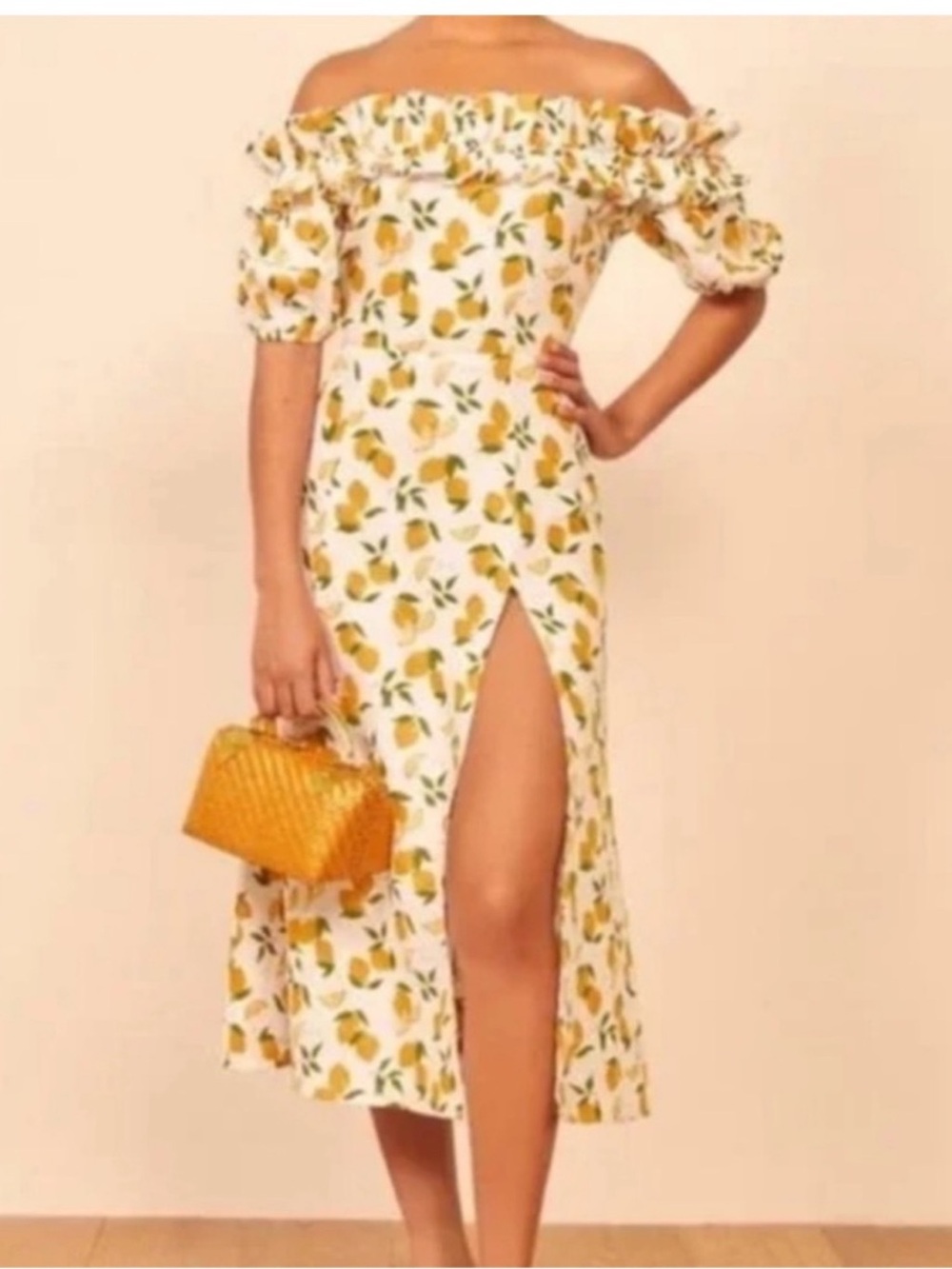 Reformation Marley Linen Midi Dress LEMONADE Lemon Print Size 0